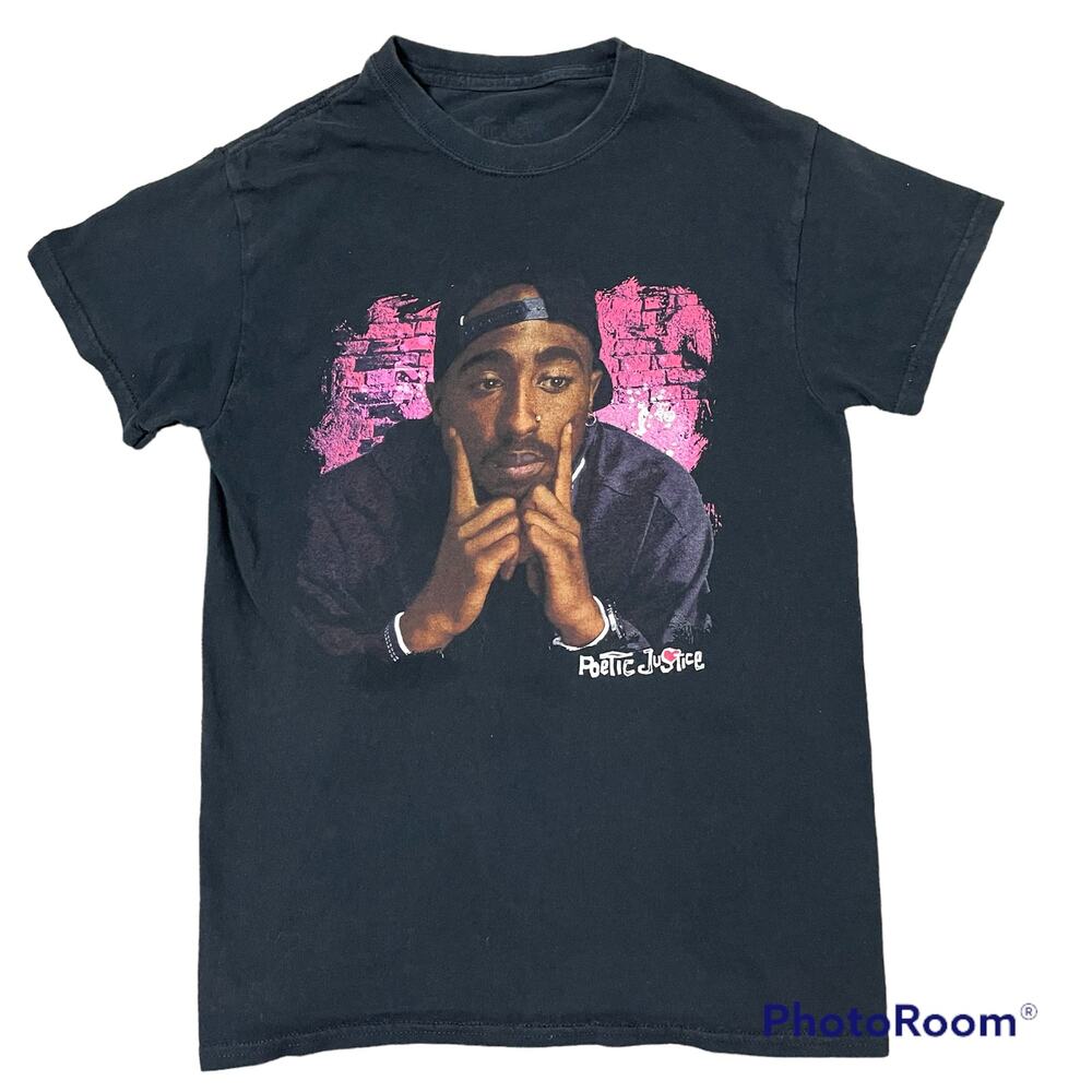 Poetic Justice Graphic Tee Womens Sz S Black Tupac Novelty Print Hip Hop TShirt
